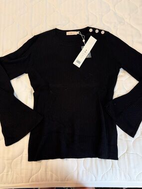 NWT Tory Burch Black Ribbed Sweater with Button Detail.